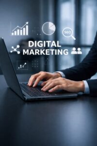 Digital marketing workspace showing a professional using a laptop with SEO, analytics, social media, and business growth graphics.